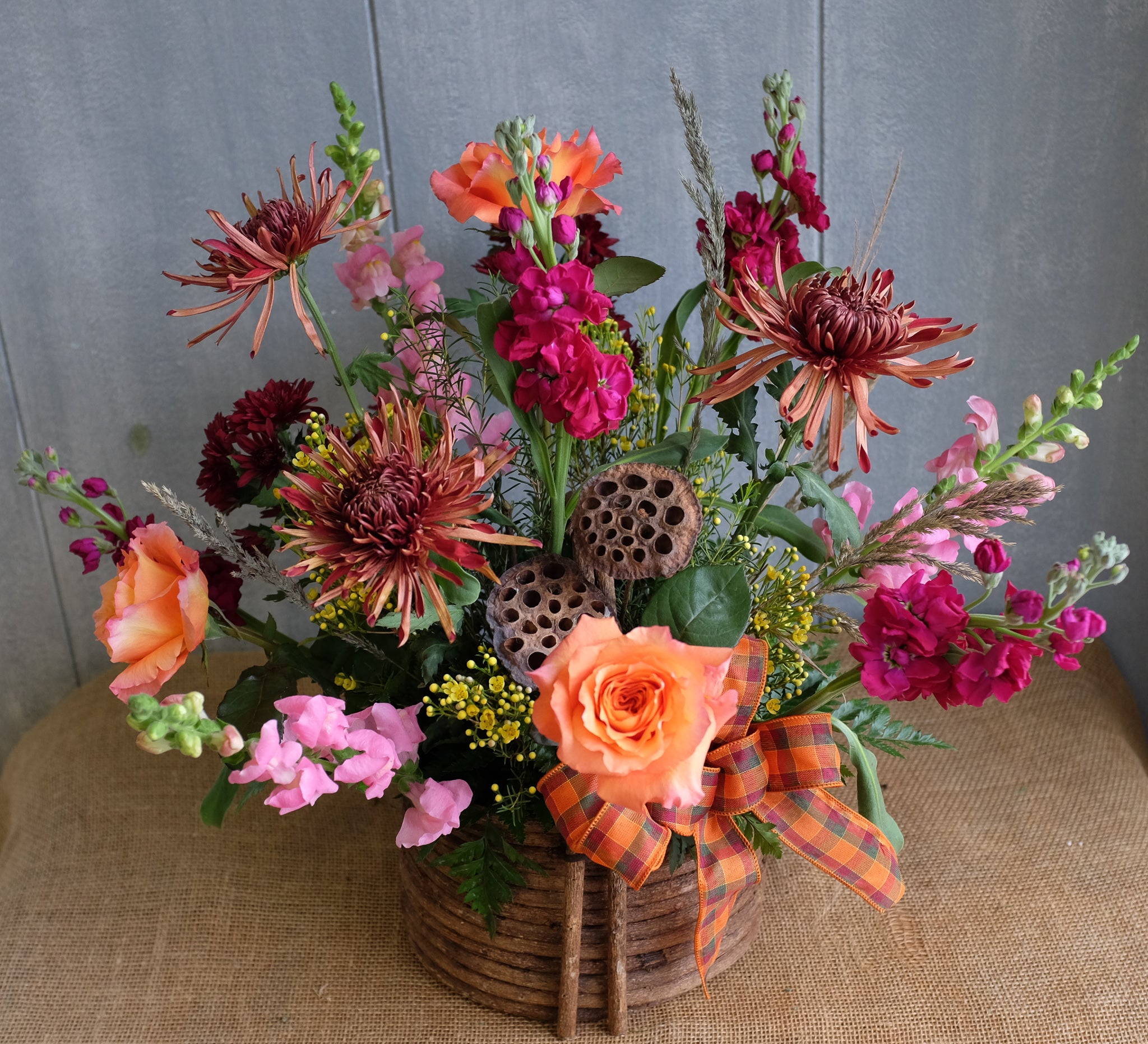 Sympathy Arrangement In Basket (Large) - Multicolor Bright Mixed Flowers